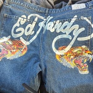 Ed Hardy Blue Jeans with Vibrant Tiger Art
